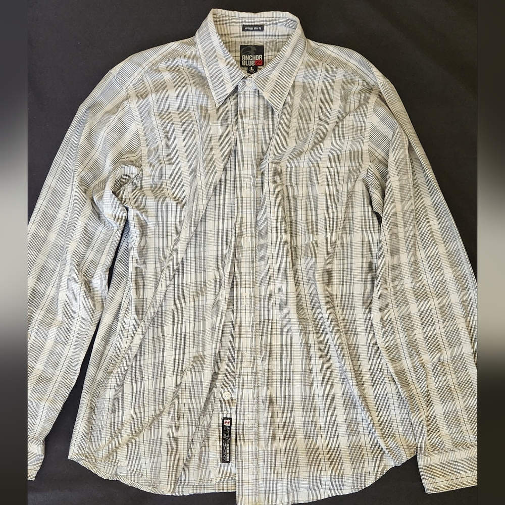 Men's Large Anchor Blue vintage slim fit long sleeve button up dress shirt